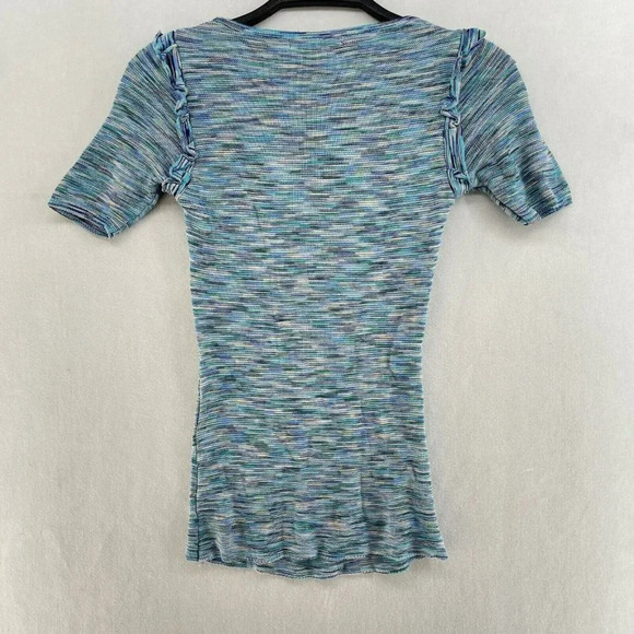 Maje Tops Women's Sz 1 Teal Crew Neck Knitted Ruffle Trim Short Sleeves Stretch - Picture 2 of 10